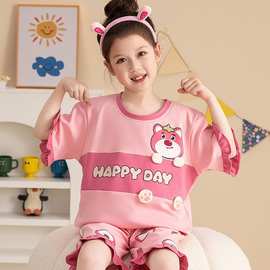 韩国女童睡衣纯棉夏季亲子薄款短袖可爱小女孩中大儿童母女家居服
