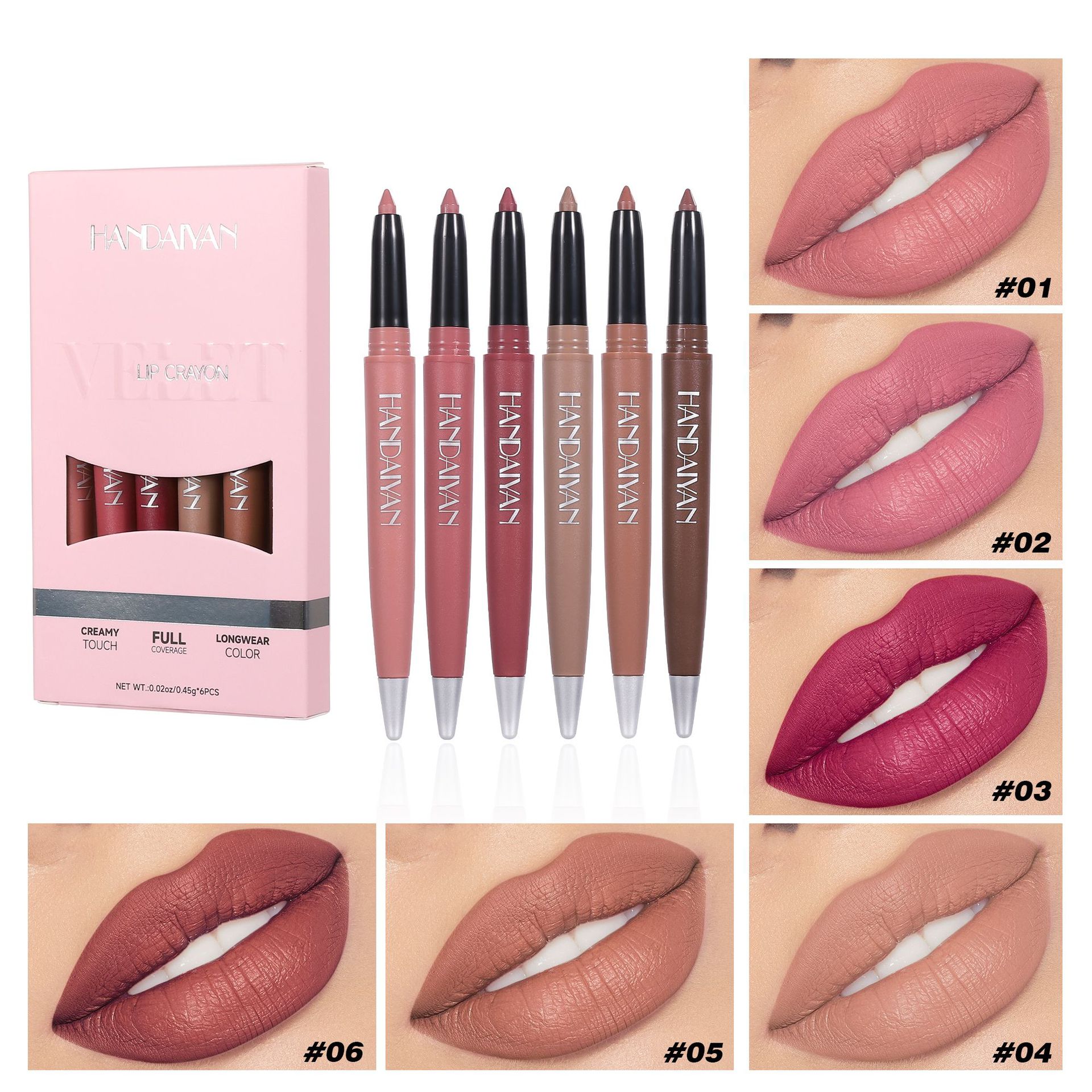 Juego de delineador de labios mate transfronterizo delineando la forma de los labios lápiz labial handaiyan delineador de labios de seis colores impermeable de larga duración