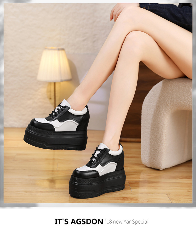 Giày trắng da thật tăng chiều cao 12cm, đế xuồng platform đa năng — Trắng đen-10 chi tiết 16