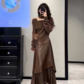 巨好看的冬装一整套大码胖美拉德咖色针织上衣半身皮裙套装女