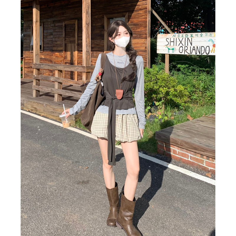 日系学院风绑带背心字母刺绣T恤格纹花苞裙三件套女辣妹短裙套装|undefined