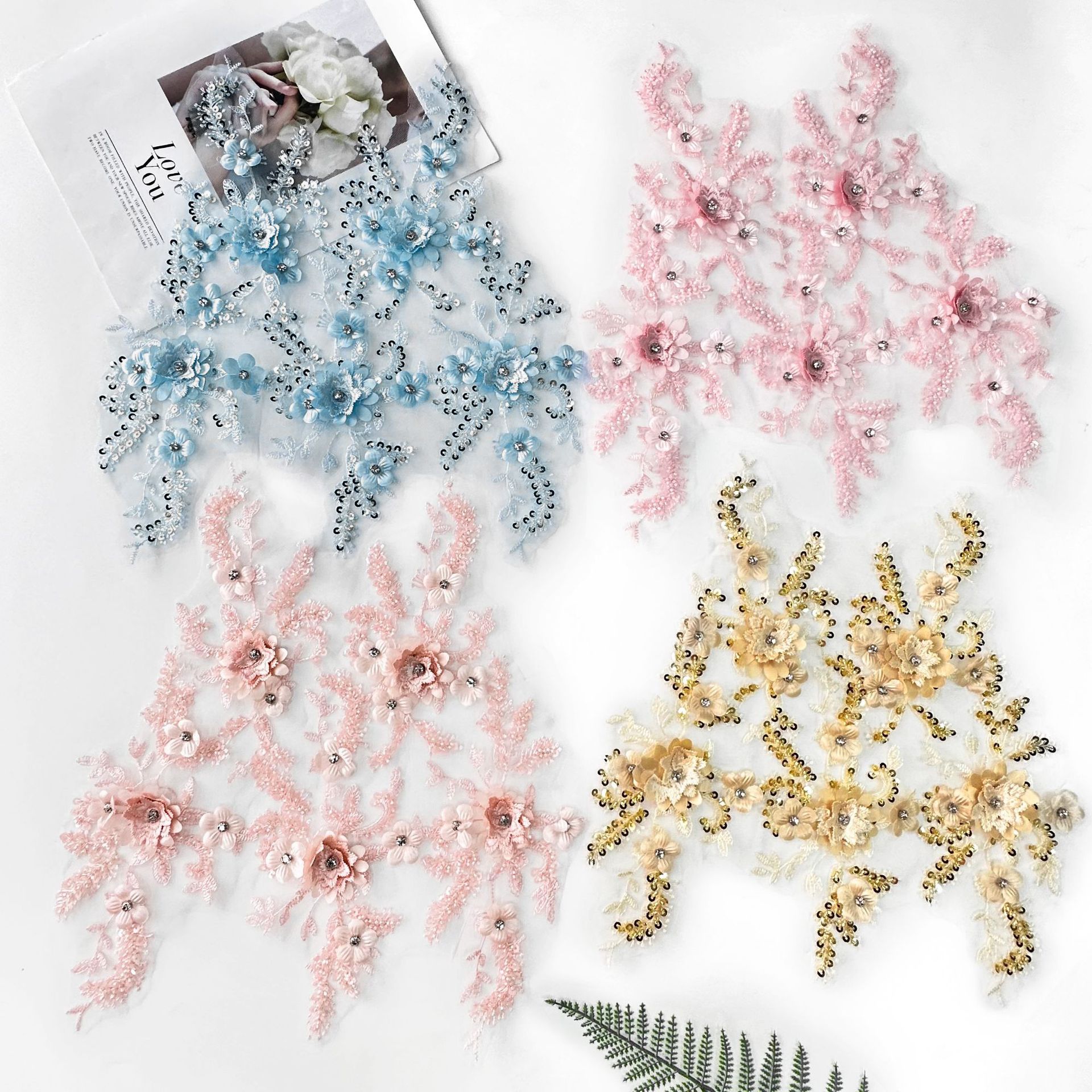 Flores de encaje sequinilla bordado de perlas estereoscópico dulce viento INS decoración hecha a mano DIY vestido de boda tocado parche multicolor