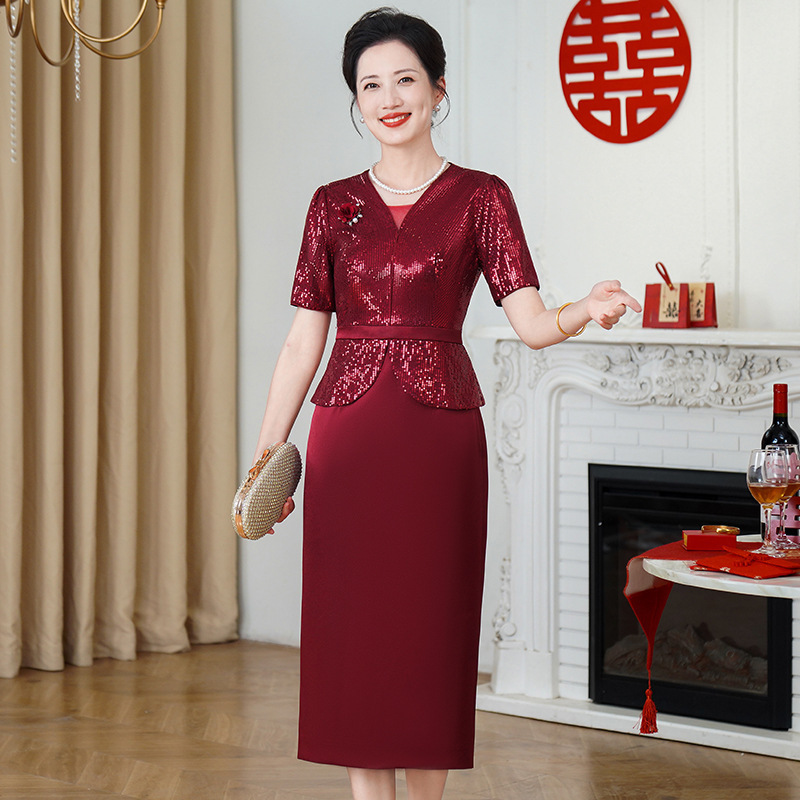 喜婆婆婚宴装新款夏装喜妈妈婚宴礼服年轻改良款旗袍假二件连衣裙|undefined