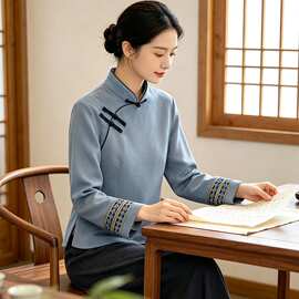新中式国风套装女改良旗袍上衣2026秋季民国盘扣茶服阔腿裤两件套