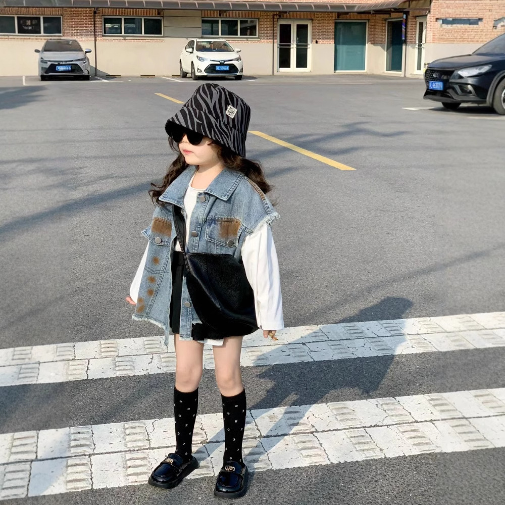 Korean Style Children's Wear Girl's Stylish Vintage Denim Vest Distressed Rust Sleeveless Color Paint Denim Coat Trendy