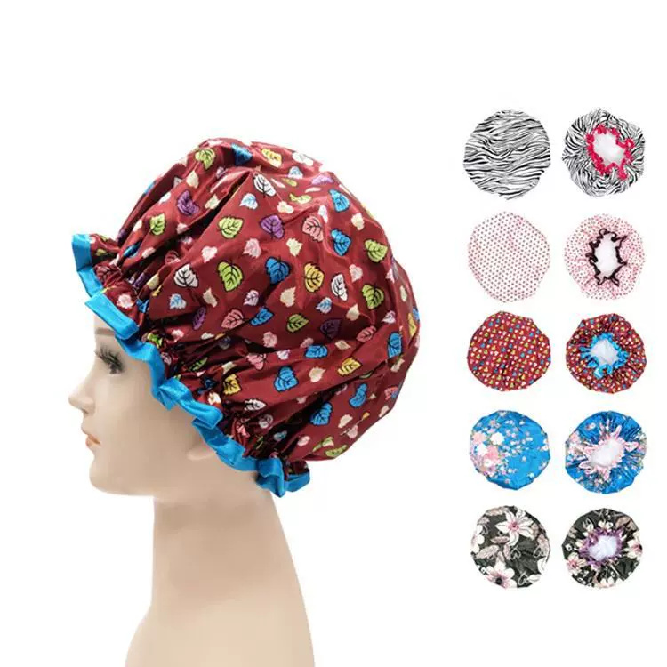 跨境热销印花PEVA涤纶女性水疗浴帽弹性发罩帽双层防水浴帽定制