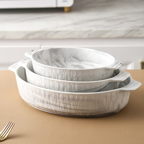 Nordic marble pattern double-handled ceramic baking pan oven dish large capacity microwave oven baking tool