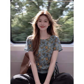 不规则绑带双层网纱短袖T恤女夏季新款打底碎花洋气设计罩衫上衣