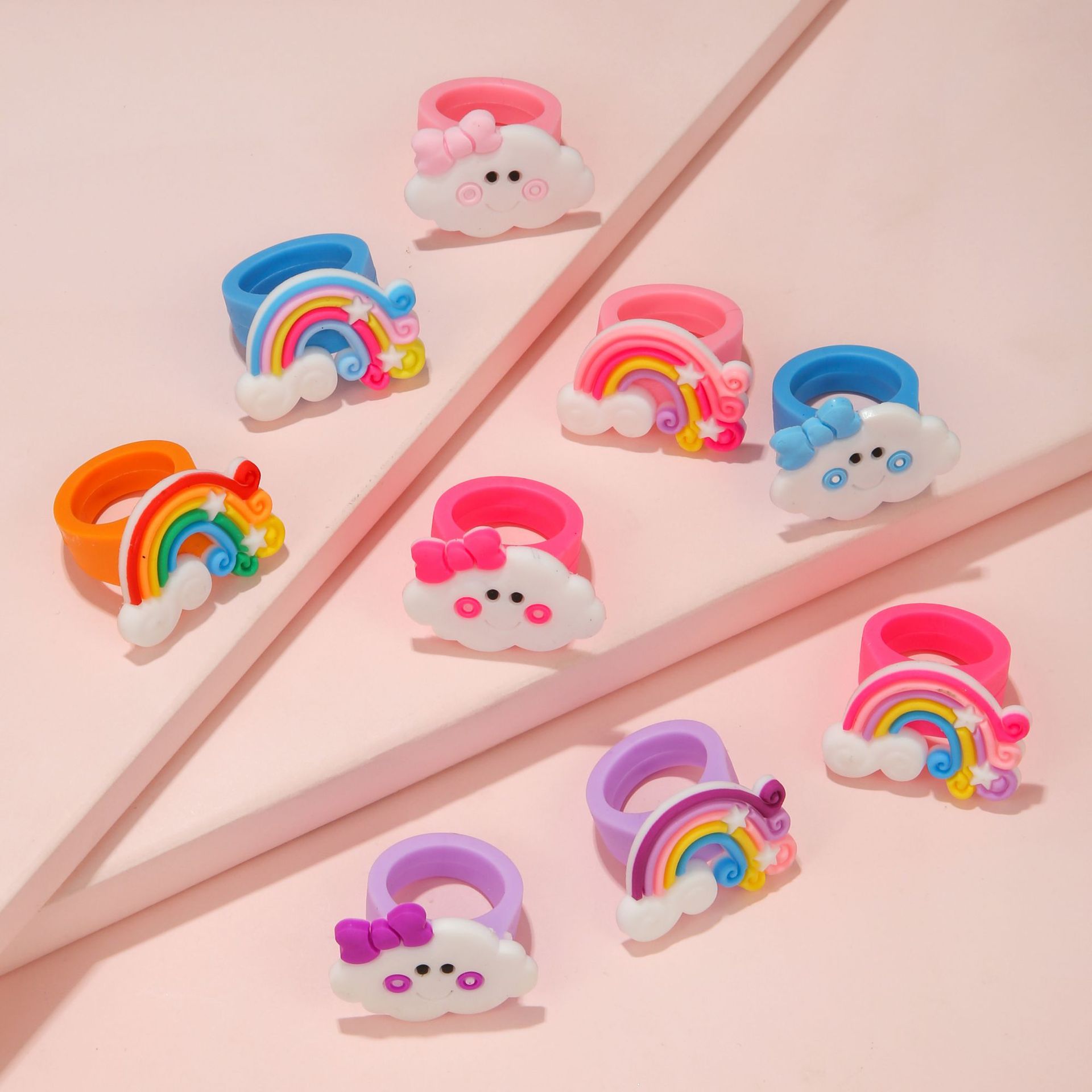 Cartoon Style Clouds Rainbow PVC Epoxy Kidu0027S Rings 9 Pieces