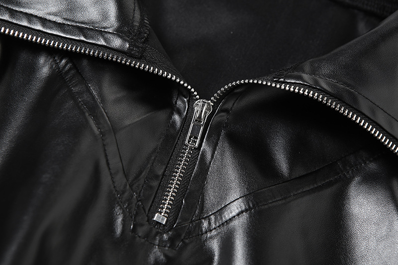 Winter Sexy Slim Short Patchwork Sweatshirt Solid Color Faux Leather Zipper Top