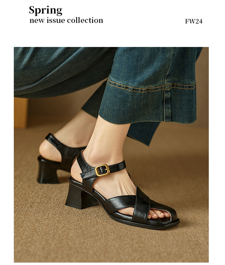 Sandal nữ da bò kiểu Pháp đế mềm thấp gót đi làm mùa hè — đen chi tiết 11