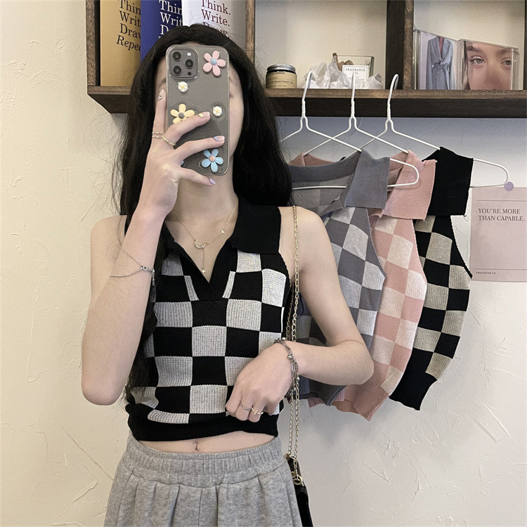 Checkerboard plaid lapel camisole female pure desire hottie outer wear design niche inner wear short bottoming top