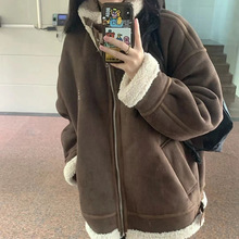 小红书爆款冬季羊羔绒保暖立领棉衣机车外套女复古休闲情侣装