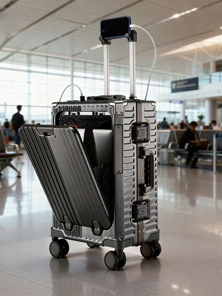 Multifuncional de Apertura frontal de equipaje PC marco de aluminio 20 pulgadas caja de embarque contraseña maleta recargable caja de la carretilla Al Por Mayor