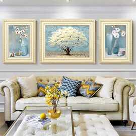 现代欧式挂画客厅装饰画简约大气餐厅三联油画美式沙发背景墙壁画