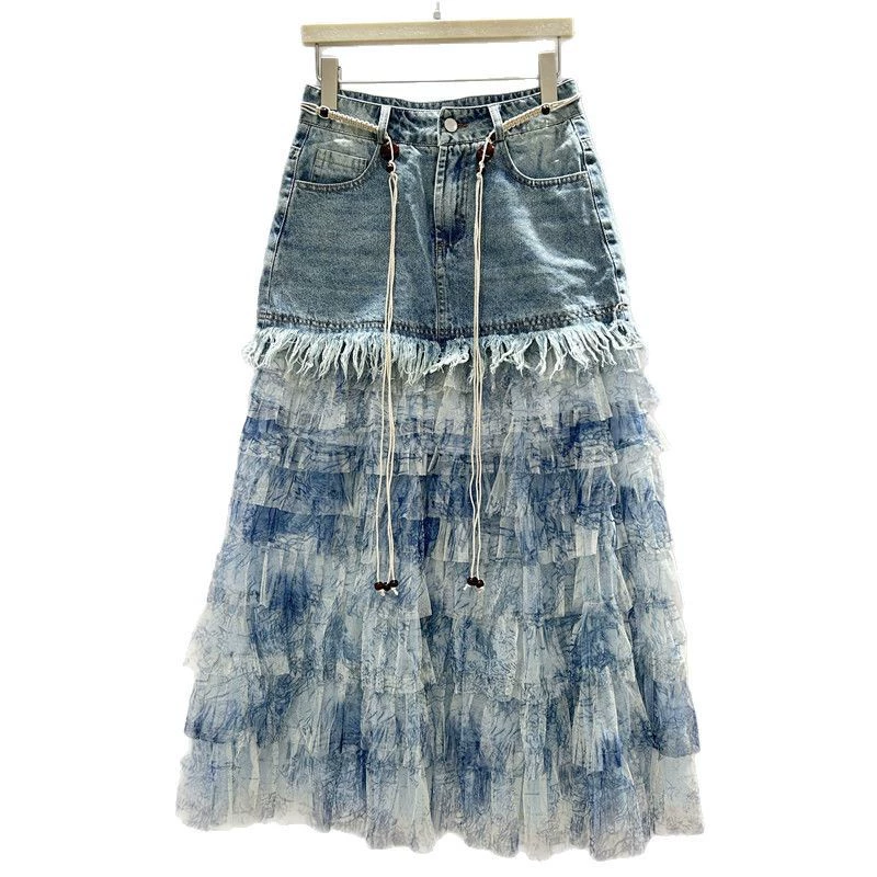Denim skirt, mesh skirt, high-end, tutu skirt