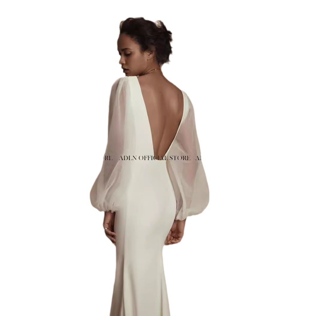 Una palabra de hombro satén ligero vestido de boda nuevo estilo de novia francesa Hepburn de alta cola bienvenida vestido de hilo image 6