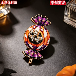Halloween pumpkin candy brooch, striped candy-shaped, diamond-embellished enamel, eco-friendly alloy, women's suit decoration pin