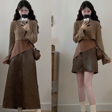 大码女装早秋搭配一整套胖显瘦感美拉德咖色三件套装裙