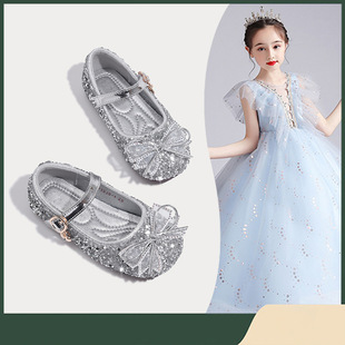Children's Shoes Girls' Princess Shoes Autumn Little Girl's Leather Shoes with Dress Soft Bottom Children's Crystal Shoes Glittering Women's Single Shoes