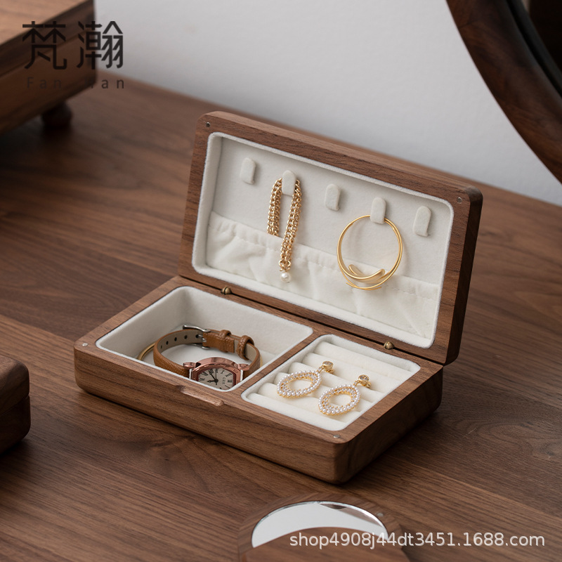 Fanhan Solid Wood Jewelry Box Storage Box Portable Small High-End Exquisite Black Walnut Gold Hand Jewelry Box