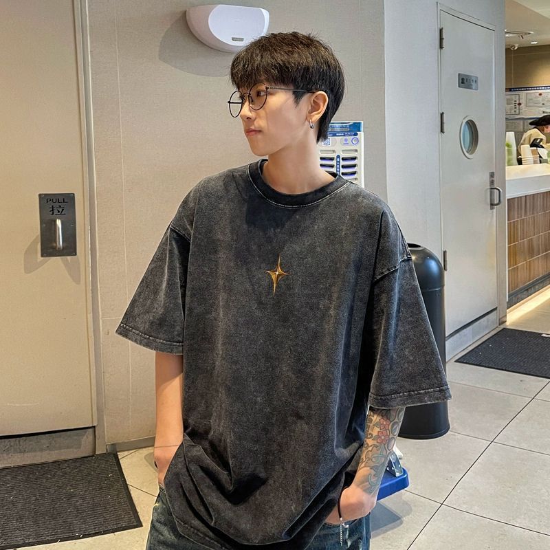 水洗いして古い重いポンドのtシャツの半袖の男性の夏のアメリカの復古の高い街の潮のブランドのデザイン感の小さい大衆の半袖のtシャツを作ります。|undefined