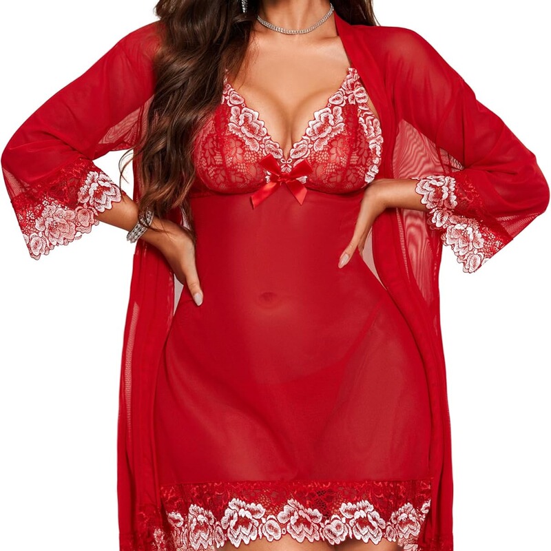Women's Sexy Lingerie Set 3-Piece Babydoll and Lace Kimono Robe Strap Nightgown Mesh