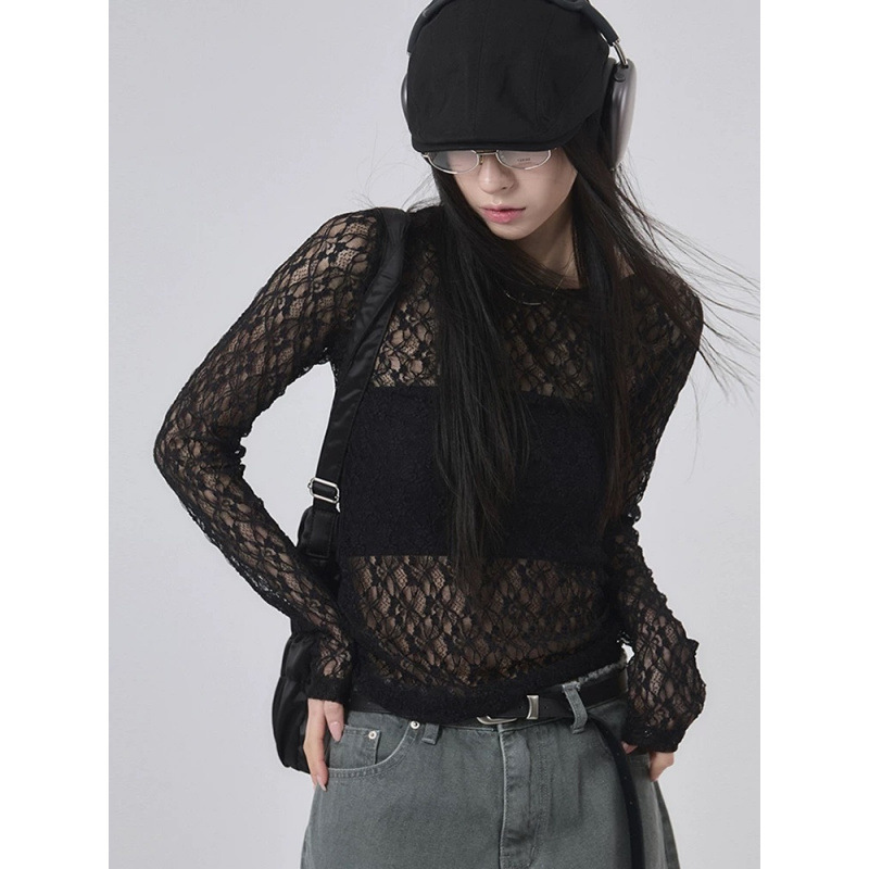 Japanese Y2K Style Bubble Hollow-Out 3D Lace Stretchy Base T-Shirt Pullover Long-Sleeve Top 3 Colors
