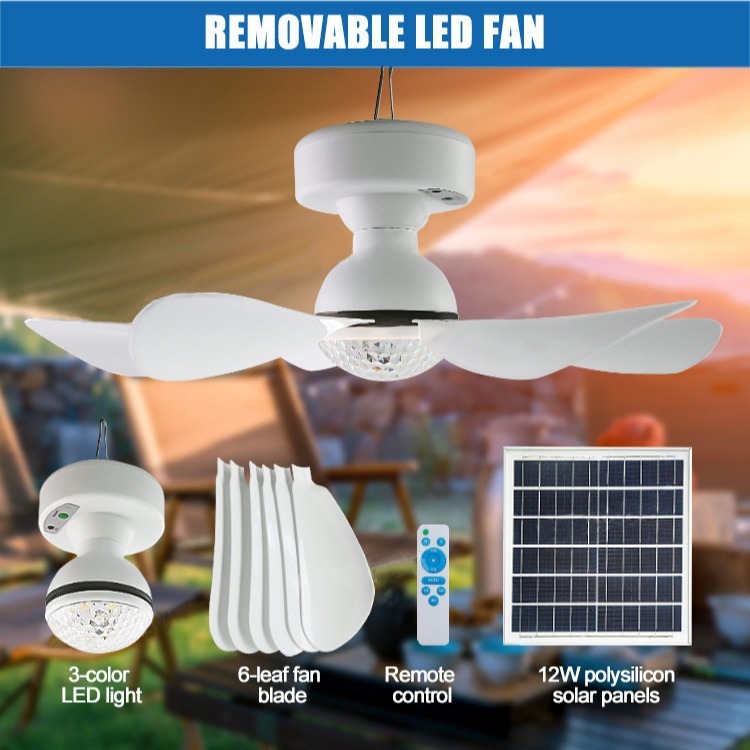 Solar ceiling fan fan light outdoor camping portable charging large wind photovoltaic remote control Amazon cross-border