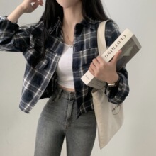 韩国设计感小个子韩国chic 秋日 短款长袖格子衬衫工厂春秋新款女