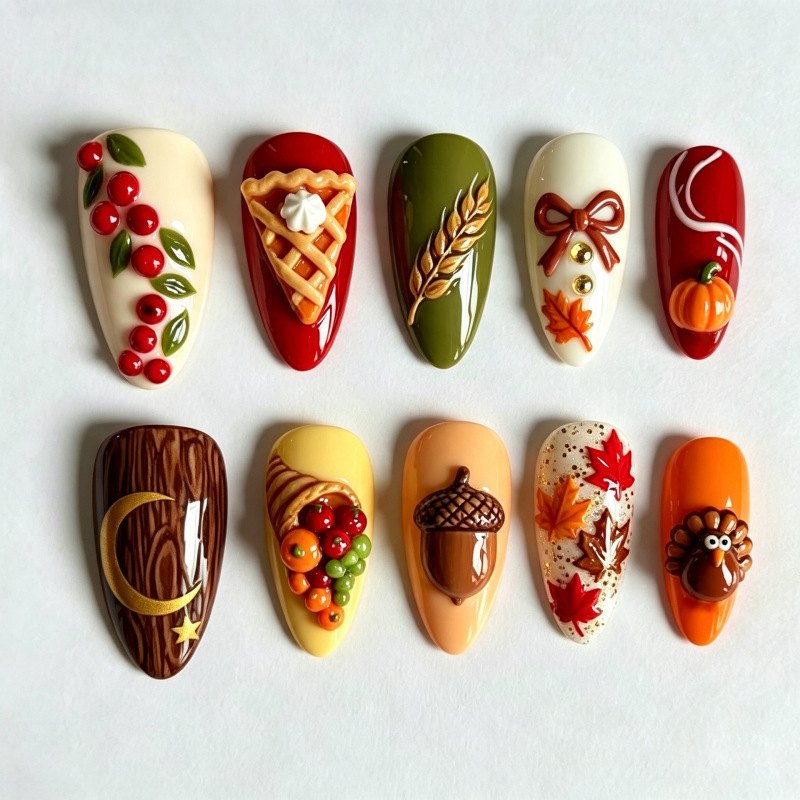 30 pieces of cross-border autumn Thanksgiving 3D turkey and pumpkin nail art, trendy maple leaf nail designs for export 30 pieces of cross-border autumn Thanksgiving 3D turkey and pumpkin nail art, trendy maple leaf nail designs for export