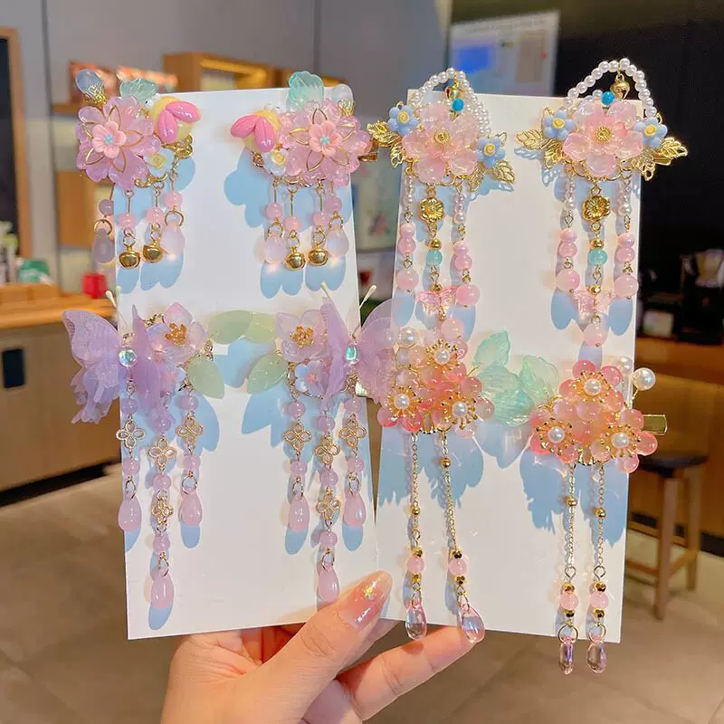 Children's hair accessory, hairgrip with tassels, Hanfu, flowered