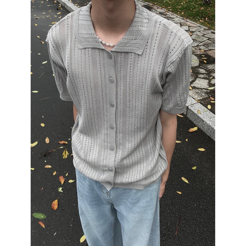 Summer Breathable Hollow-Out Cuban Collar Short-Sleeve Men's Loose Casual Retro Half-Sleeve Knitted Shirt for Men Trendy