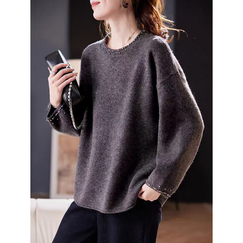Suéter retro literario de otoño de mujeres 2025 nuevo relajado sensación de collar redondo suelto cuentas de punto camisa de manga larga