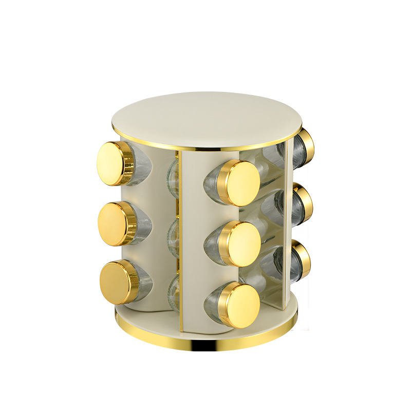 Transfronterizos redondos estantes de condimento de oro para artículos de cocina domésticos botellas de condimento de especias de acero inoxidable bronce fondo blanco