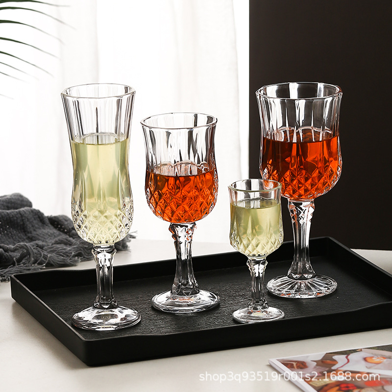 ins风欧式砖石杯浮雕香槟杯家用威士忌刻花红酒杯高脚杯葡萄酒杯