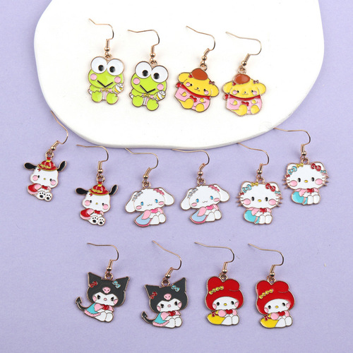 New Love Sanrio Earrings Ear Hooks Cute Cartoon Alloy Pendant Earrings Kuromi Melody Cinnamon Dog
