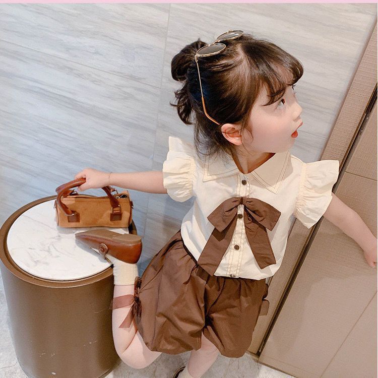 女児童装2025夏セット子供女赤ちゃん半袖韓国服小飛袖半ズボン2点セット|undefined