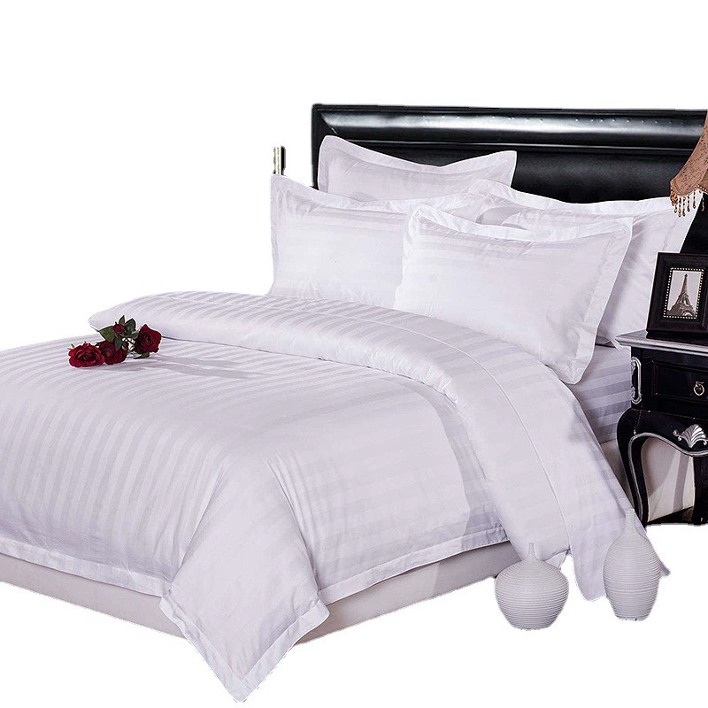 Hotel Bedding Set, Polyester-Cotton Sateen Stripe (or Cotton Sateen), 4-Piece White, Duvet Cover & Sheets