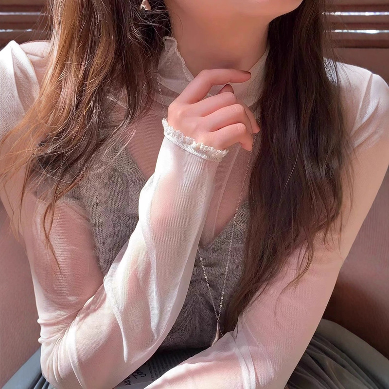 3-Color Autumn and Winter Inner Wear, Sweet and Girly Style, Delicate Lace Cuffs, High-Neck Mesh Long-Sleeve T-Shirt Base Layer 3-Color Autumn and Winter Inner Wear, Sweet and Girly Style, Delicate Lace Cuffs, High-Neck Mesh Long-Sleeve T-Shirt Base Layer