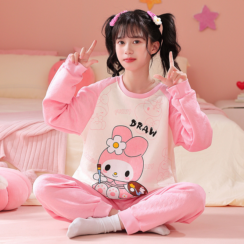 소녀 잠옷 가을과 겨울 두꺼운 샌드위치 공기 면 큰 어린이 긴 소매 소녀 MERLOT 어린이 홈 의류 세트