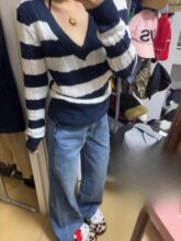 蓝白条纹v领长袖针织衫女春季修身显瘦毛衣弹力撞色内搭打底上衣
