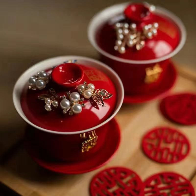 喜结连理敬茶杯婚庆用品陪嫁对杯diy手作装饰陶瓷盖婚庆用品大全|undefined