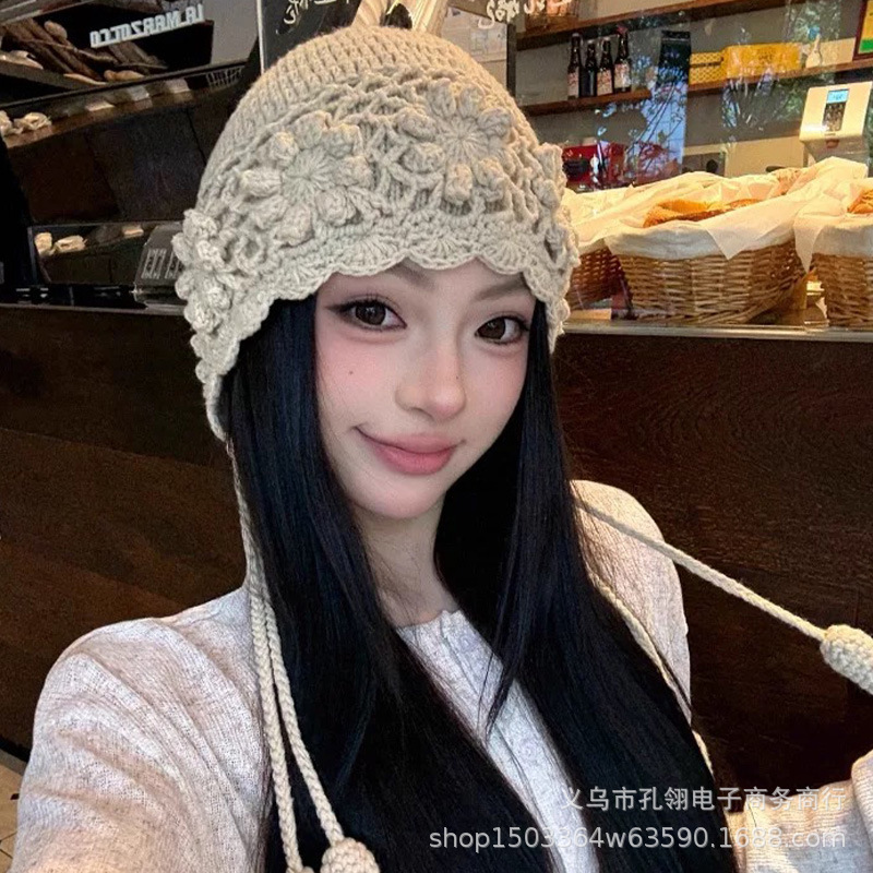 帽子女款2025新款民族风花朵手工针织护耳帽秋冬氛围感流苏套头帽|undefined