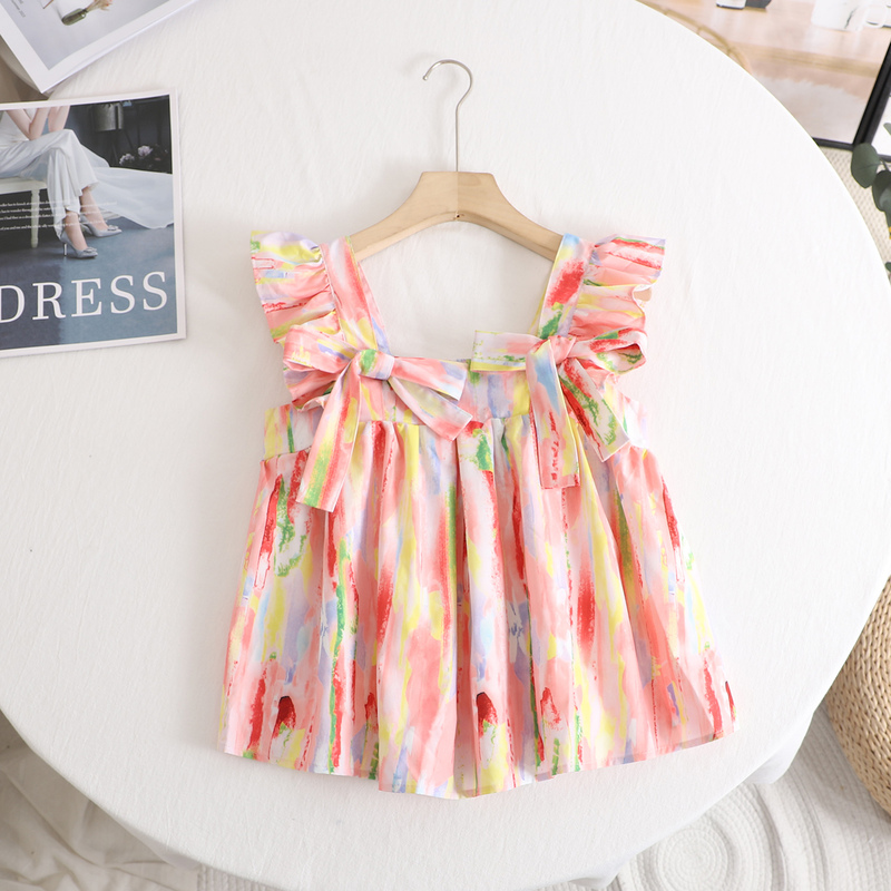 Pocket Home 2025 Summer New Sweet Elegant Bow Small Flutter Sleeve Oil Painting Shirt Top for Women