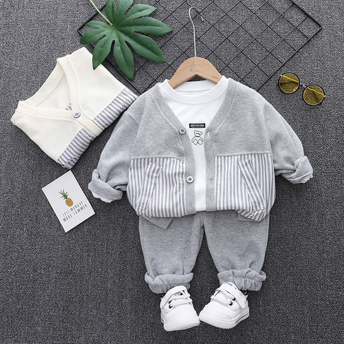 New autumn clothing for children and middle-aged children, casual bottoming T-shirts, spliced ​​sleeves, sports autumn long-sleeved trousers, fashionable three-piece set