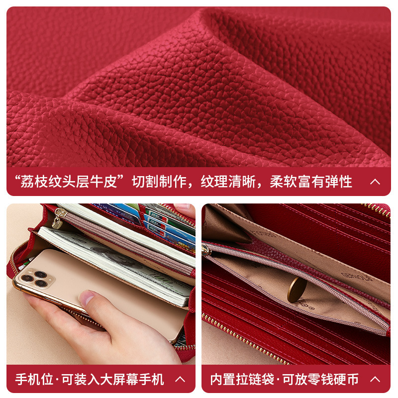 Cartera explosiva de comercio exterior para mujer cremallera larga simple y elegante bolso de mano de gran capacidad primera capa billetera de piel de vaca cuero
