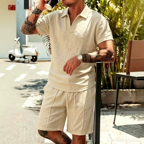 New European and American Style 2026 Summer Men's V-Neck Short-Sleeve Shorts Set Vacation Linen Casual Loose Beachwear