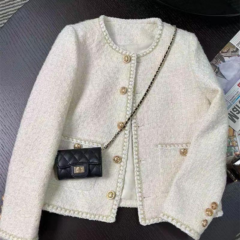 2025 Spring and Autum New Korean Style Off-White French Short Style Ladylike Tweed Jacket for Women
