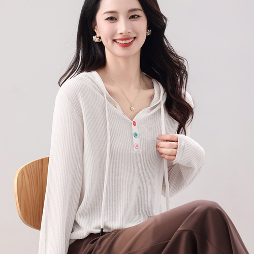 Spring and Summer 2025 New Hooded Knit Cardigan Half-Open Color Button Long-Sleeved Solid Color Striped Loose Base Layer Top
